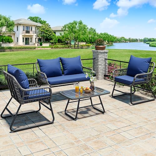 YITAHOME 4-Piece Patio Furniture Set, Wicker Outdoor Bistro Set, All Weather Rattan Patio Conversation Set with Soft Cushions and Glass Side Table for