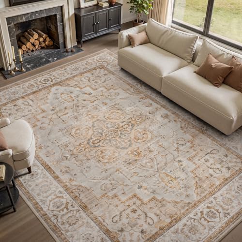 PADOOR-Area Rug 5X7 Rugs for Living Room-Vintage Soft Beige Rugs for Bedroom-Machine Washable Non Slip Rug for Dining Room Living Room Bedroom Office