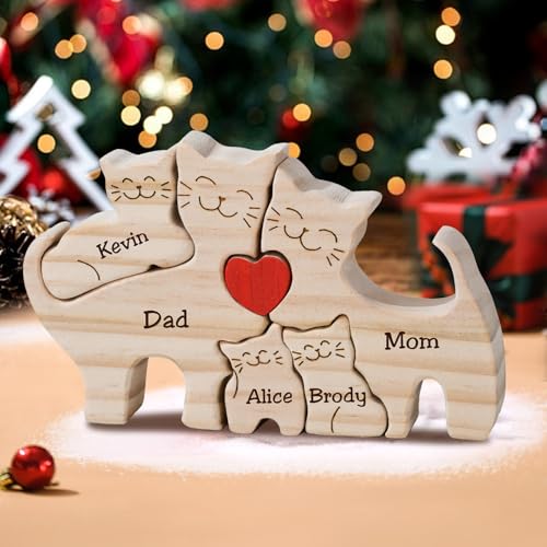Personalized Wooden Puzzle with 2-8 Family Name Wooden Cat Sculpture Customizable Name Art Puzzle Gift for Father Mother Birth Day for Mom Dad Home De