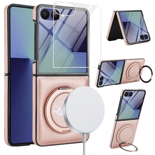 for Samsung Galaxy Z Flip 7 Case with Magnetic Ring Holder, 360 Rotating Bracket, Built-in Front Screen Protector, Slim Anti-Drop Shockproof Case.(Ros