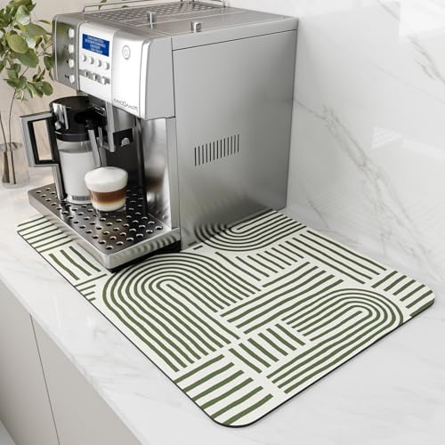 AMOAMI Coffee Mat Hide Stain Rubber Backed Absorbent Dish Drying Mat for Kitchen Counter - Fits Under Coffee Maker or Machine - Green Line 16x24 LIGHT