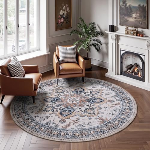 6 ft Round Rugs for Living Room Bedroom Rug Circle Area Rug for Dining Room Table Throw Vintage Circular Rugs Washable Soft Comfortable Blue Rust Blue