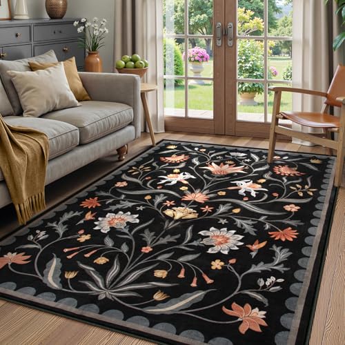 Lahome Boho Floral Washable Black 5x7 Area Rugs for Living Room, Non Slip Rugs for Bedroom Entryway, Indoor Ultra-Thin Throw Dining Room Carpet for Un