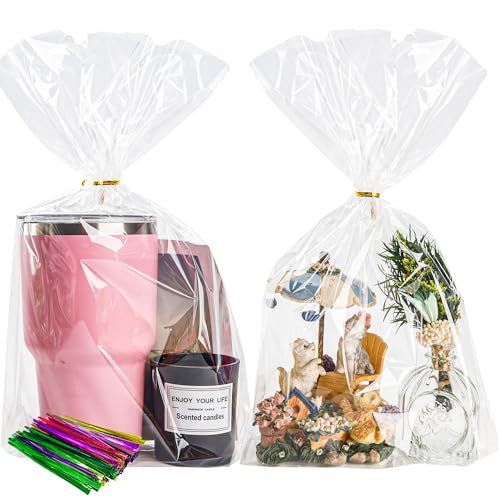 NPLUX 50 Pack Cellophane Bags,Clear Flat bottom Cellophane Treat Bags with 50 Pack Twist Ties for Candy Popcorn Cookie Small Gift Wrapping(10x14x3.15
