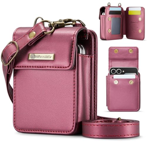 Flip Wallet Bag with 5 Card Slots Cash Solt Zipper Pocket, RFID Blocking Hand and Crossbody Shoulder Strap.Wine