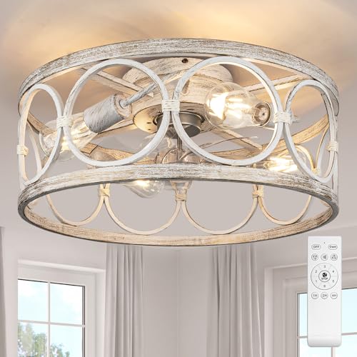 Farmhouse Fandelier, 20" Flush Mount White Caged Ceiling Fan with Lights & Remote Control Kit, Bladeless-Low Profile-6-speed for Living Room Bedroom K