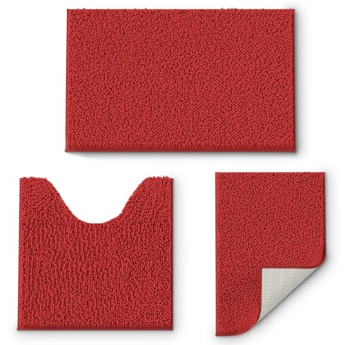 Red Bathroom Rug Set - 3 Piece Non-Slip Washable Bath Mats, Luxury Extra Soft and Absorbent Shaggy Rugs for Tub, Shower - Christmas Decoration With To
