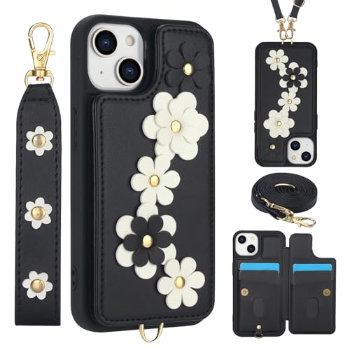 for iPhone 15 Wallet Case with 4 Credit Card Holder Slots, Flower Pattern PU Leather Magnetic Clasp Kickstand with Long and Short Strap.-Black Black i