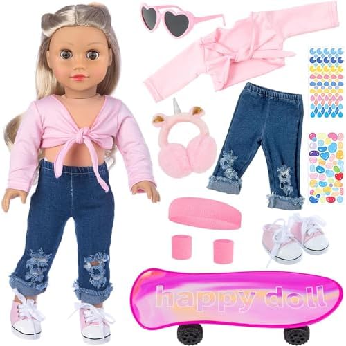 ZITA ELEMENT American 18 Inch Girl Doll Scooter Sport Clothes and Accessories - 18 Inch Doll Clothes Jeans Outfits Set Sport Shoes Scooter and Other O