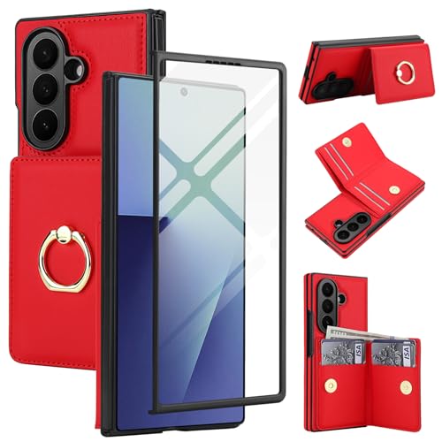 for Samsung Galaxy Z Fold 7 Wallet Case with Ring, 4 Card Slots & Cash Clip - Magnetic Clasp Closure, Front Tempered Glass Screen Protector Cover.(Red