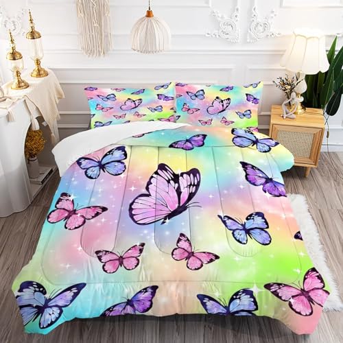 Butterfly Comforter Set Twin Size Rainbow Watercolor Pattern Bedding Set for Kids Girls Teen Women Bedroom Colorful Galaxy Quilt 1 Comforter + 1 Pillo