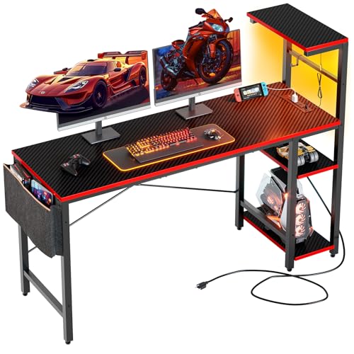 Bestier Gaming Desk with Power Outlets, 61 Inch Large Led Gamer Desk with 4 Tiers Reversible Shelves, PC Gaming Table with Headset Hook & Side Storage