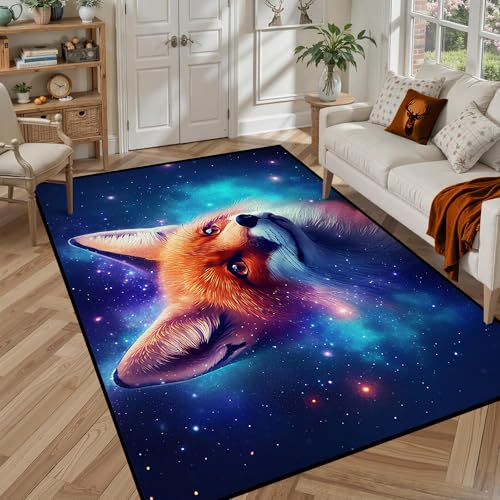 5' X 7' Galaxy Fox Rug 3D Cute Foxes Area Rugs for Bedroom Living Room Playroom Boys Kids Cartoon Colorful Carpet Glitter Stars Throw Rugs Floor Mat G