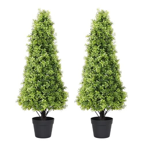 3ft Artificial Boxwood Topiary Trees, 36‘’ UV Resistant Faux Plants for Outdoor Planter, Tall Fake Bushes and Shrubs for Front Porch Decor, Set of