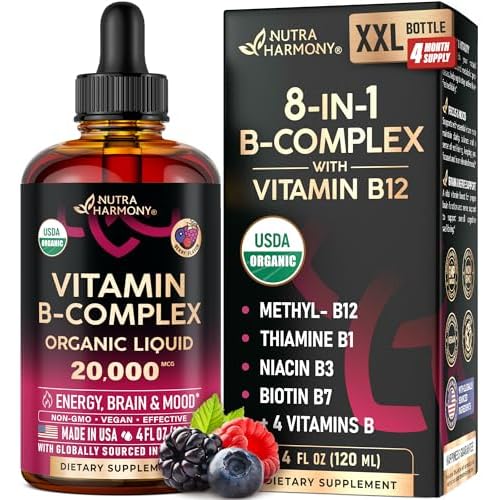 USDA Organic Vitamin B-Complex B5 Pantothenic Acid | B12 Methylcobalamin | B1 Thiamine | B6 Pyridoxine | B7 Biotin | B9 Folic | B3 Niacinamide - B Com