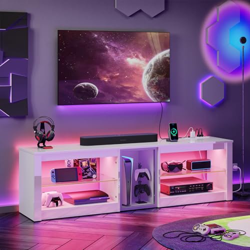 Bestier High Gloss TV Stand for 70 inch TV with Power Outlets, LED Entertainment Center for PS5, Gaming TV Consoles with Glass Shelves for Living Room