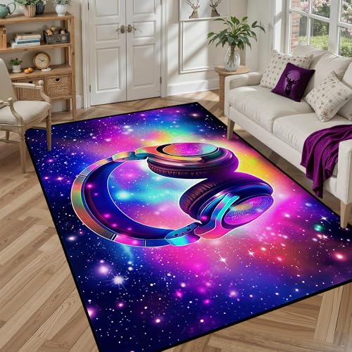 5' X 7' Galaxy Game Area Rug Music Headphone Rugs Colorful Throw Rug Non-Slip Carpet Doormats for Living Room Bedroom Apartment Dorm Floor Mat Galaxy