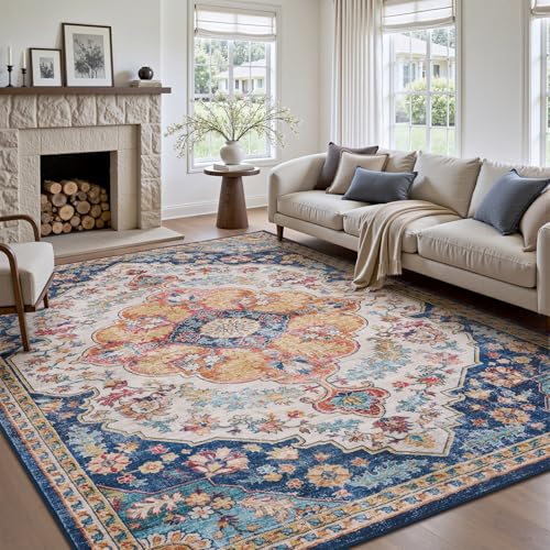 tchdio 8x10 Area Rugs for Living Room, Vintage Non Slip Washable Rug, Soft Low Pile Colorful Area Rug Large Floor Indoor Carpet for Bedroom, Dining Ro