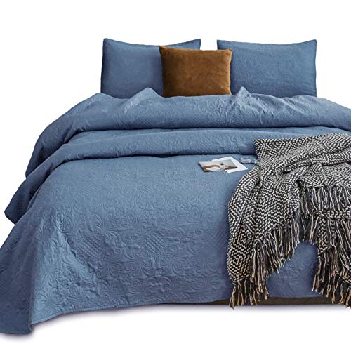 KASENTEX Coverlet Quilt Set-Pre Washed-Luxury Microfiber Soft Warm Bedding-Solid Colors Bedspread-Contemporary Floral Design (Natural Bluestone Floral