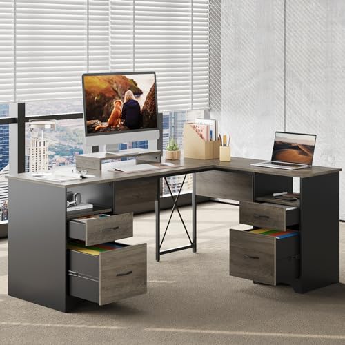 Bestier L Shaped Desk with 4 Drawers, 63" x 47" Executive Desk with Open Storage & Monitor Stand, Corner Desk with 2 File Drawers & Modesty Panel for