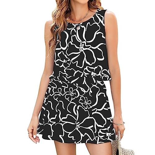 ROYLAMP 2025 Women's Summer 2 Piece Outfits Tank Sleeveless Crop Tops Culottes Shorts Sets Casual Beach Rompers X-Small F: Black Floral