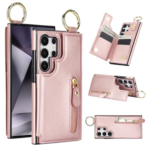 for Samsung Galaxy S25 Ultra Wallet Case with Zipper and Credit Card Holder, Cash Slot, PU Leather Magnetic Clasp Kickstand Heavy Duty Ring Protective