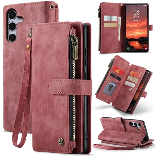 for Samsung Galaxy S25 Wallet Case with 7 Card Holder Slots Magnetic Zipper Pocket Pouch Flip KicStand Durable Premium Leather PU with Lanyard Strap W