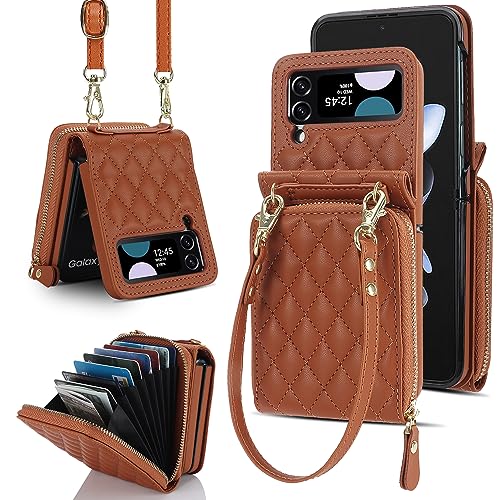 for Samsung Galaxy Z Flip 4 Zipper Wallet Case with Accordion Card Holder, 8 Card Slots Large Capacity and Anti-Theft Security.(Brown) Brown Samsung G