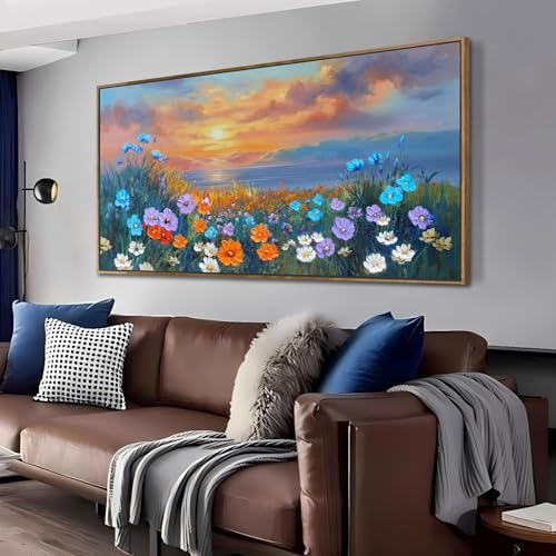 Ardemy Landscape Wall Art for Living Room Coastal Sunset Flower Canvas Bedroom Textured Floral Wildflower Blue Ocean Painting Nature Artwork Home Offi
