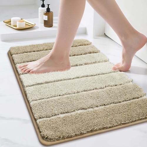 COSY HOMEER Bathroom Rugs 24"x17", Ultra Soft Absorbent Bath Mat with Non-Slip TPR Backing, Machine Washable Shaggy Rug for Bathroom Floor, Beige Beig