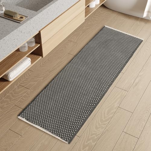 Checkered Bath Mat Runner, Super Absorbent Non Slip Bathroom Runner Rug Modern Two Tone Woven Washable Runners for Hallways Entryway Bedroom Laundry R