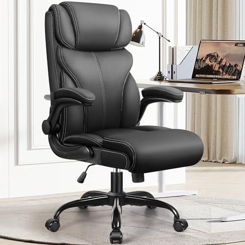Office Chair, Ergonomic Big and Tall Computer Desk Chairs, Executive Breathable Leather Chair with Adjustable Flip-up Armrests, Lumbar Support Swivel