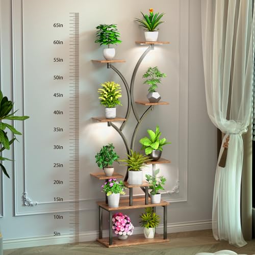 65 inch Plant Stand Indoor with Grow Lights, 9 Tiered Metal Plant Stands Indoor, Tall Plant Shelf for Multiple Plants, for Living Room, Patio Balcony