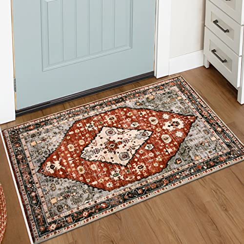 Lahome Boho Tribal Area Rug - 2x3 Small Red Oriental Entryway Rugs for Bedroom, Soft Washable Non Slip Bathroom Mat Indoor Throw Carpet for Laundry Ro