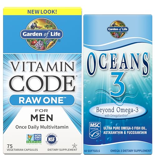 Garden of Life Men’s Multivitamin & Omega 3 Bundle – Vitamin Code Raw One Multivitamin for Men (75 Count) with Probiotics, Fruits & Veggies + Ocea