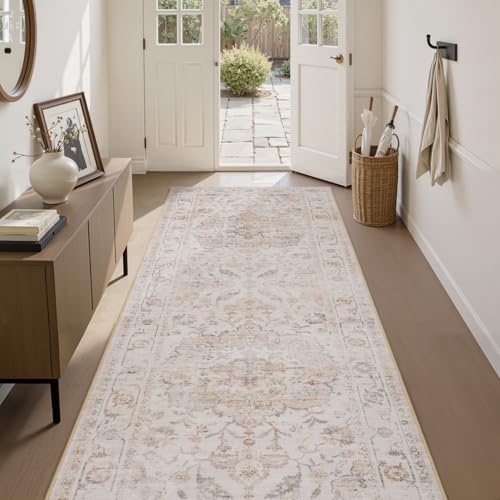 PADOOR-Vintage Runner Rug 2X10 Runners for Hallways-Soft Beige Washable Bedside Rugs for Bedroom-Non Slip Long Rug for Hallways Entryway Laundry Room