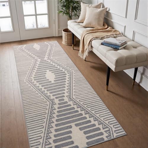 Textured Tufted Boho 2x6 ft Runner Rugs for Hallway Non Slip Hallway Runner Kitchen Bedroom Long Entryway Laundry Room Rug Washable-Grey Grey 2' x 6'