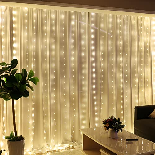 HXWEIYE 300LED Fairy Curtain Lights, 9.8x9.8Ft Tangle-Free USB Plug in 8 Modes Timer Christmas String Hanging Lights with Remote for Bedroom Backdrop
