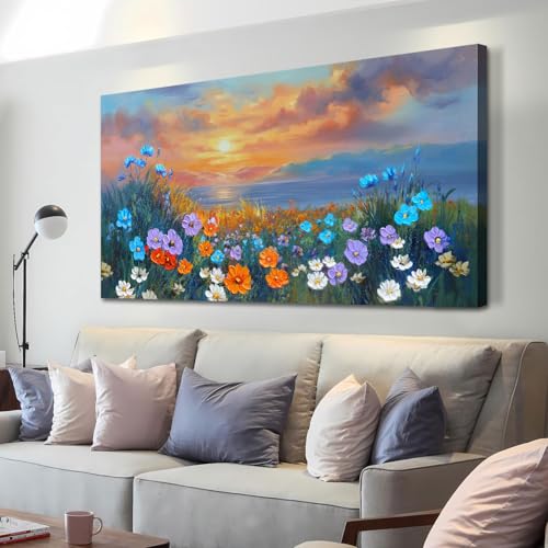 Ardemy Landscape Wall Art for Living Room Coastal Sunset Flower Canvas Textured Bedroom Floral Wildflower Blue Ocean Painting Nature Seascape Framed L