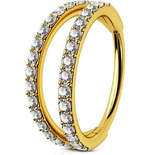 OUFER Nose Rings Hoops, 20G G23 Solid Titanium Nose Piercings, Double Row Diamonds Hoop Nose Ring, Double Nose Ring for Single Piercing, Conch Helix D