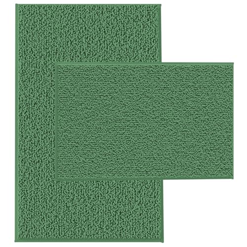 2 Piece Bath Rugs for Bathroom Non Slip - Soft Plush Shaggy Mats Floor, Indoor Entryway Extra Soft Chenille Bath Mat Absorbent Bathroom Rug Dark Green