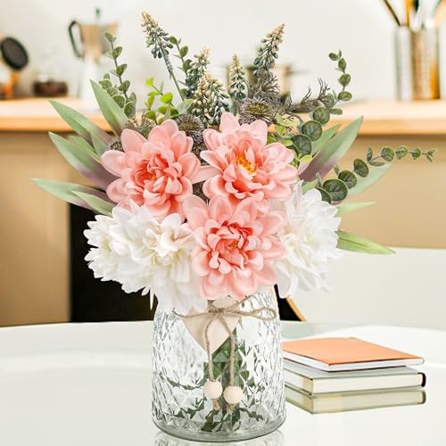 Der Rose Fake Flowers in Vase Silk Artificial Pink Flowers Arrangements with Glass Vase for Dinning Coffee Table Centerpieces Home Kitchen Farmhouse W