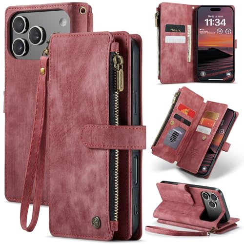 for iPhone 17 Pro Wallet Case with 7 Card Holder Slots Magnetic Zipper Pocket Pouch Flip KicStand Durable Premium Leather PU with Lanyard Strap Wristl