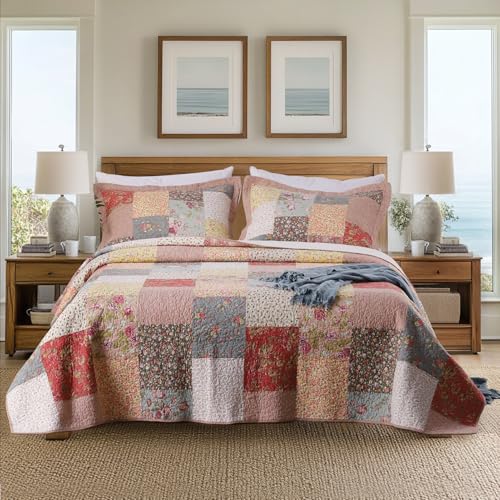 KASENTEX Authentic 100% Cotton Easy-Clean – Luxury Boho Quilt Twin-Twin XL Size with Decorative Floral Patchwork Design, Soft Breathability Bedding