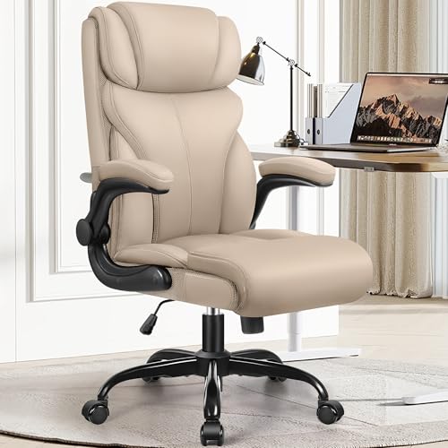 Office Chair, Ergonomic Big and Tall Computer Desk Chairs, Executive Breathable Leather Chair with Adjustable High Back Flip-up Armrests, Lumbar Suppo