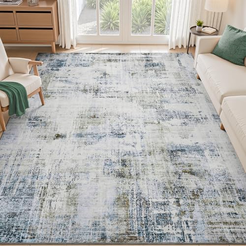Olive Blue Washable Area Rugs 8x10 Rugs for Living Room Bedroom Rug Dining Room Home Office Rug Carpet Non Slip Modern Abstract Soft Easy Care Low Pil