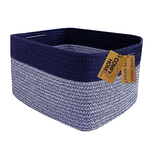 COMFY-HOMI Rectangular Cotton Rope Basket With Handles for Shelves|Dog Toy|Baby Gift - Dark Blue (13.5" x 11" x 9.5") 13.5"X11"X9.5" dark blue