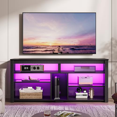 Bestier LED Tall TV Stand, Entertainment Center for 55-60-65 Inch, Gaming Console With Storage for PS4, Adjustable Shelf Modern High Cabinet for Livin