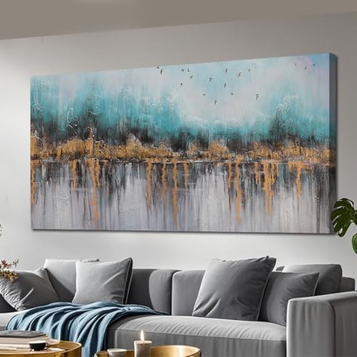 Ardemy Teal Abstract Canvas Wall Art for Living Room Landscape Painting Bedroom Turquoise Grey Panoramic Textured Picture Artwork Framed, Wall Art for
