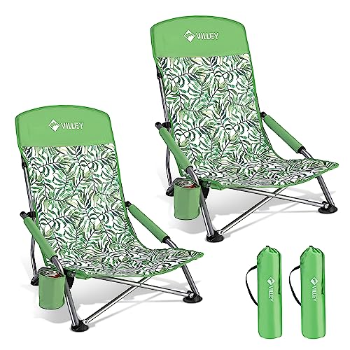 VILLEY Low Beach Chairs for Adults 2 Pack, High Back Folding Chairs, Lightweight and Portable for Outdoor, Camping, Lawn, with Cup Holder and Carry Ba